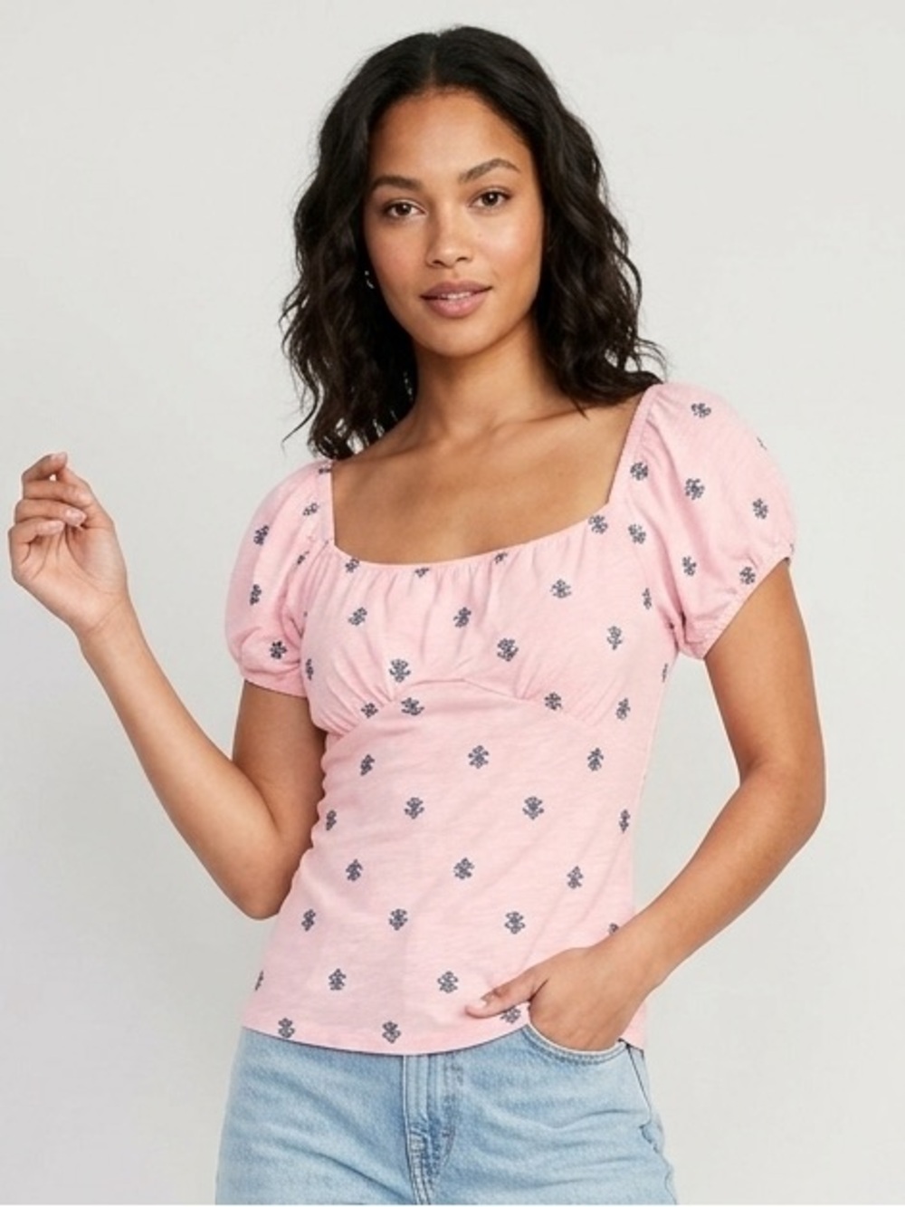 torrid Pink Puff-Sleeve Square Neck Tee with Navy Motif vintage slub jersey